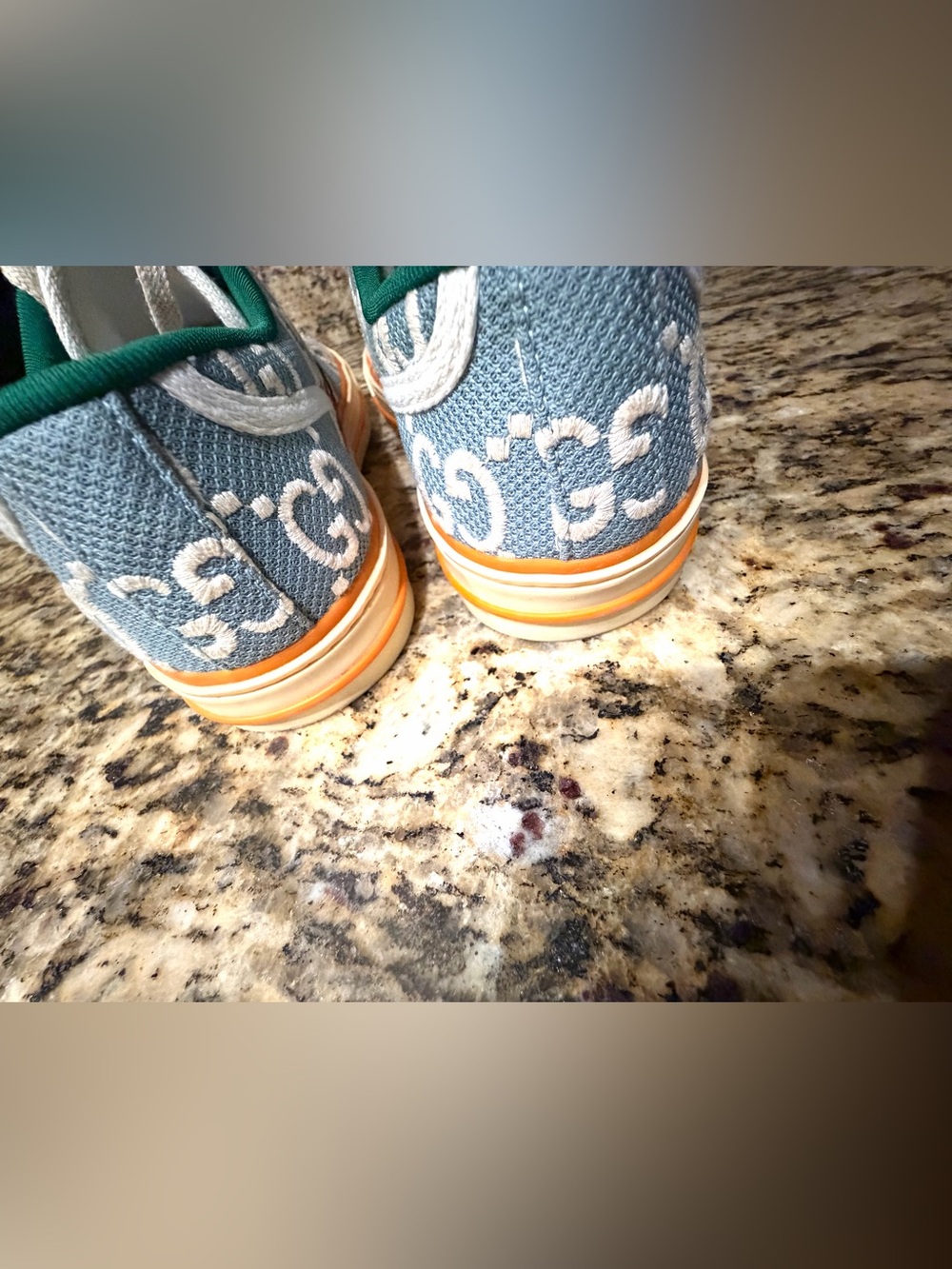 Gucci Women’s Blue GG Canvas Sneakers with Orange Trim and Green Interior - Picture 9 of 11